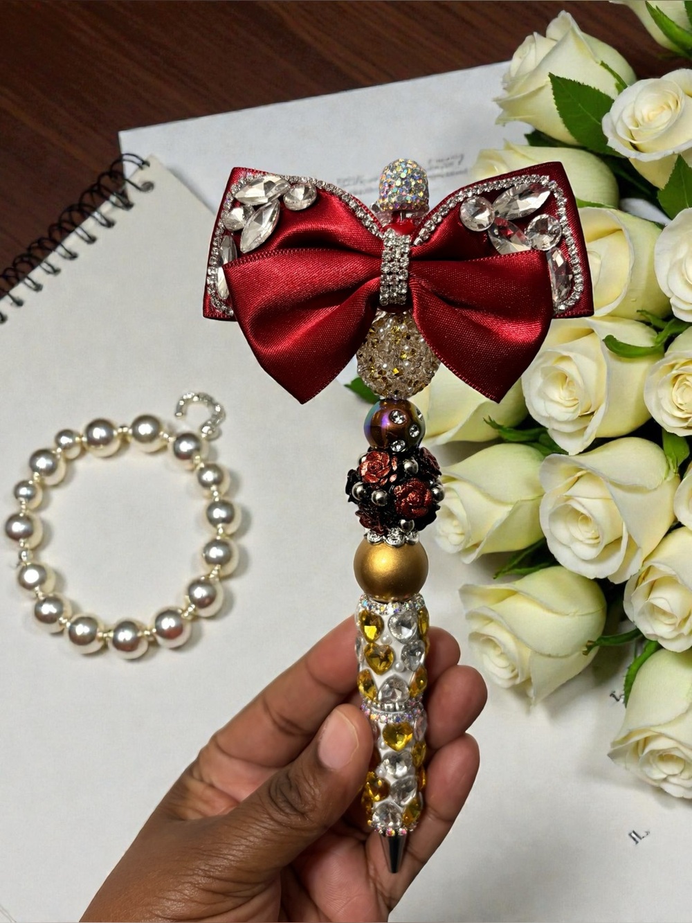 Handcrafted Satin Red & Silver Fancy Bow Heart Rhinestone Registry Pen